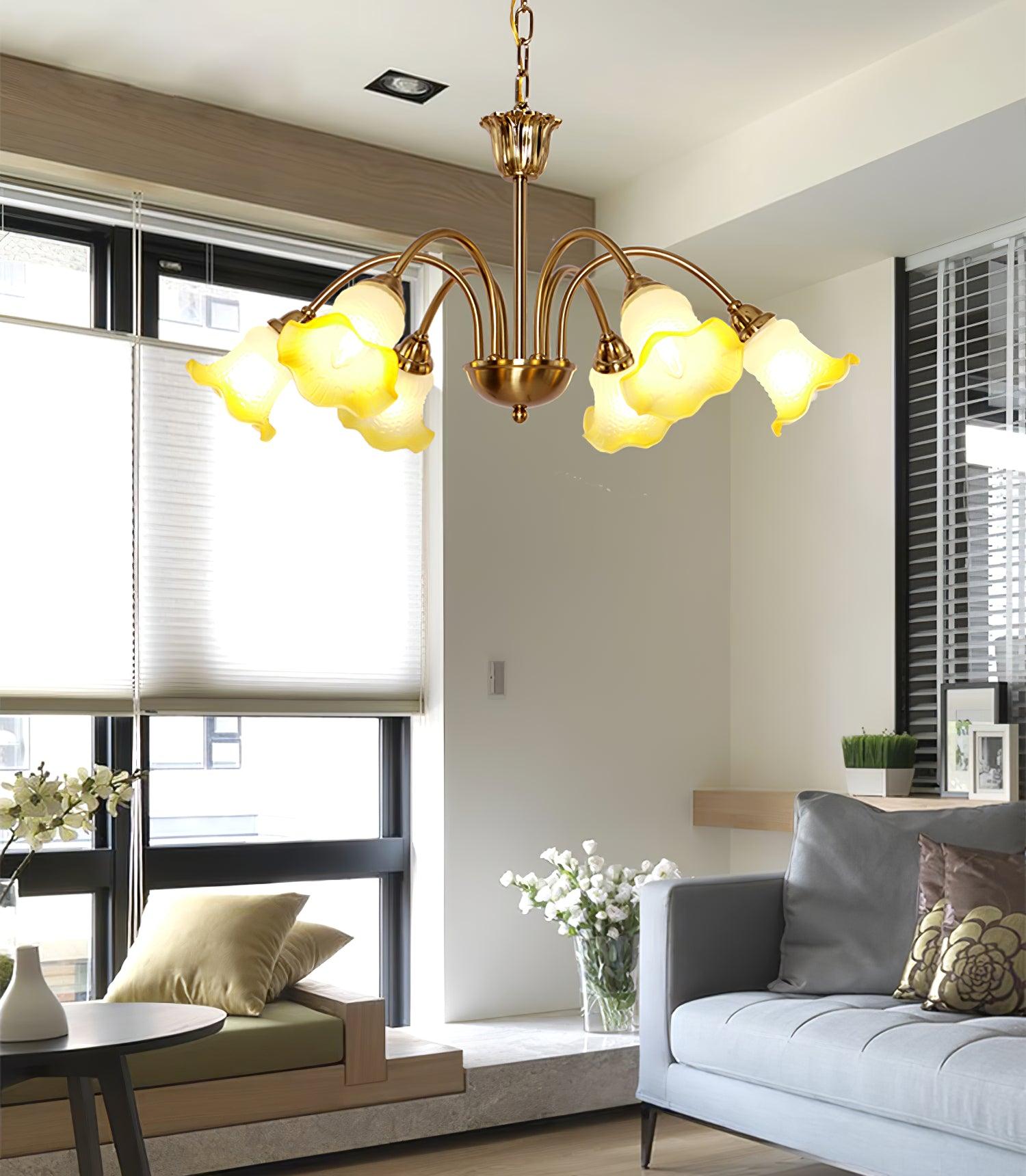 Yellow floral chandelier above a sitting area