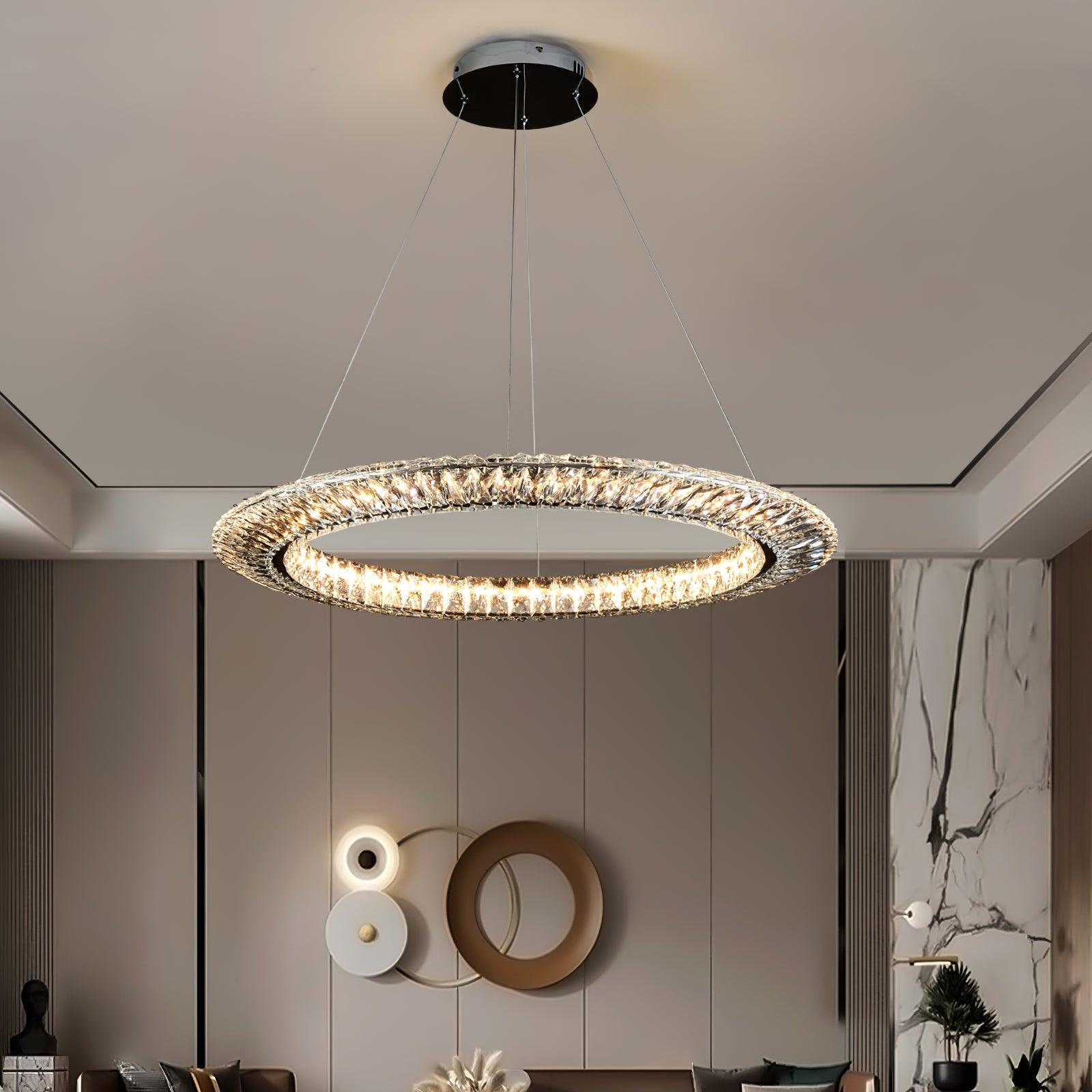 Single crystal ring chandelier in a lounge