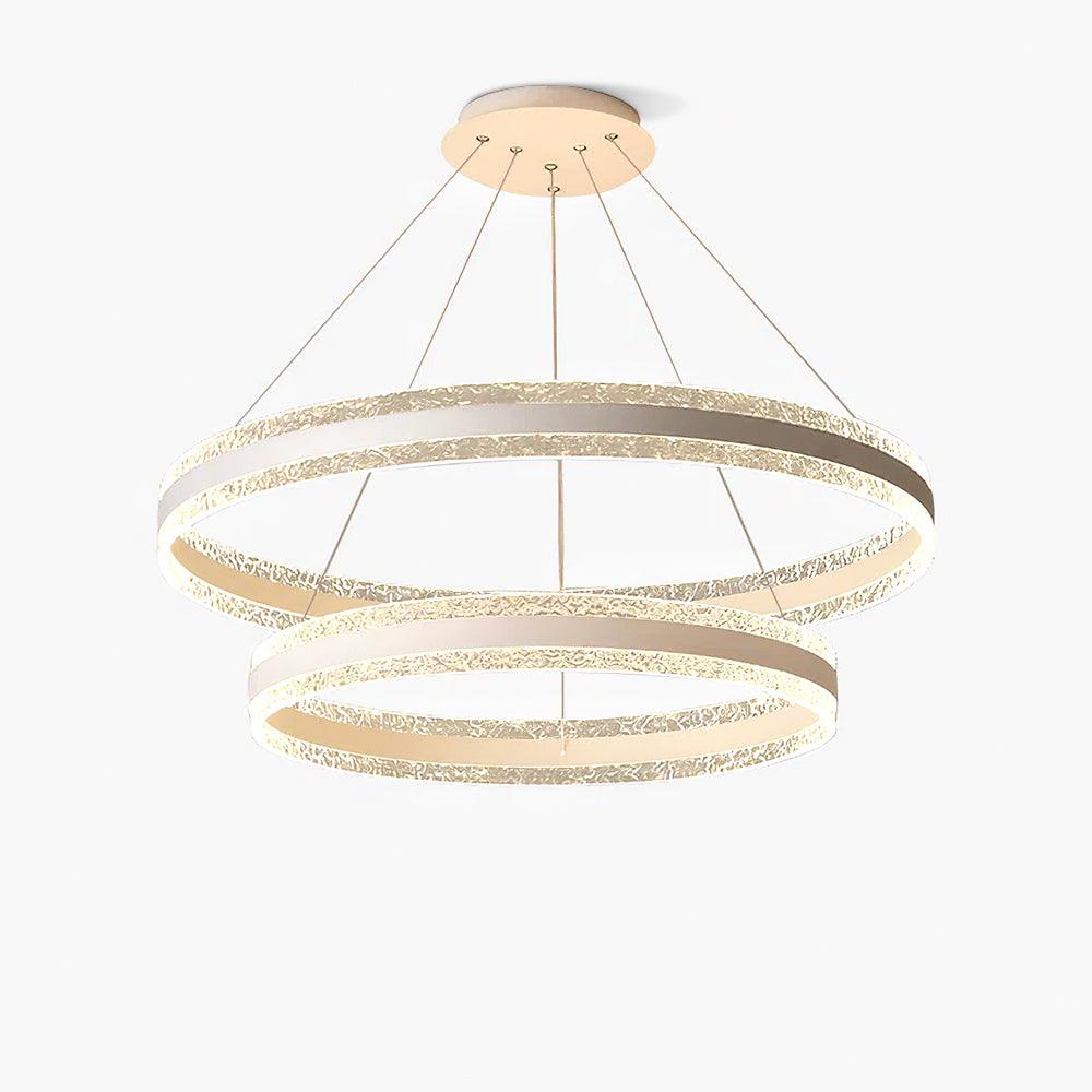 Large isolated view of two glowing textured-edge rings with pale centre bands and a round canopy on white