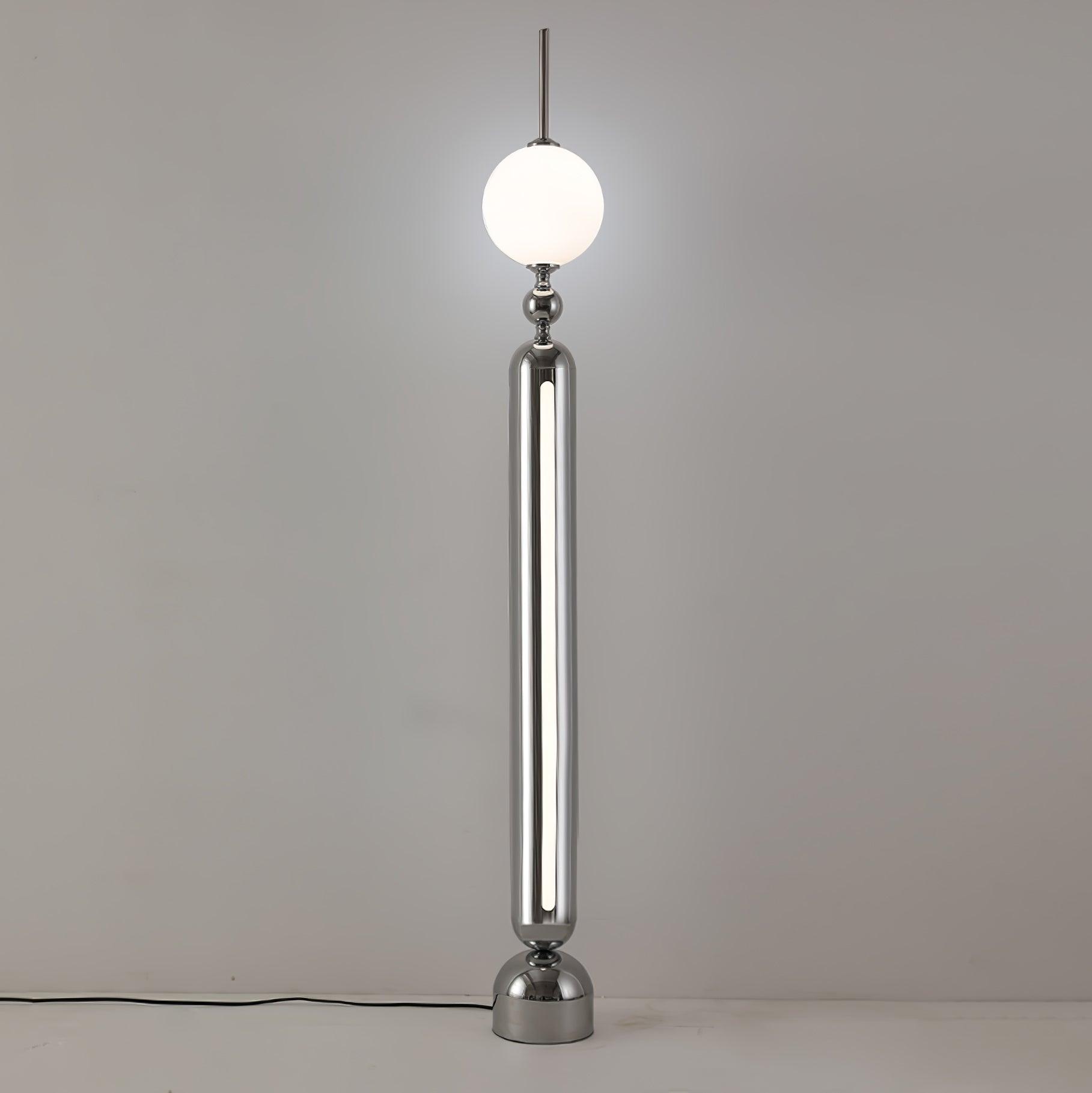 Lightning Rod chrome floor lamp with a white globe and vertical light strip