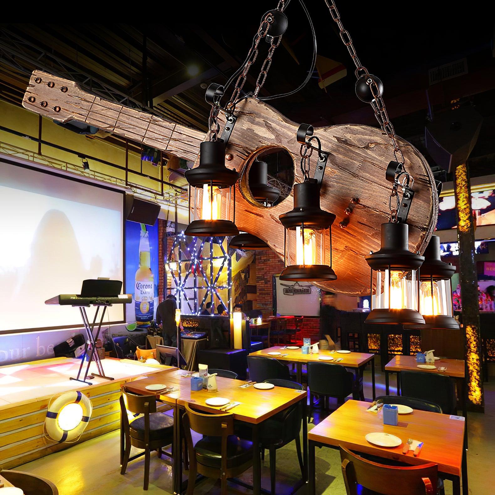 Acoustic-style pendant above dining furniture
