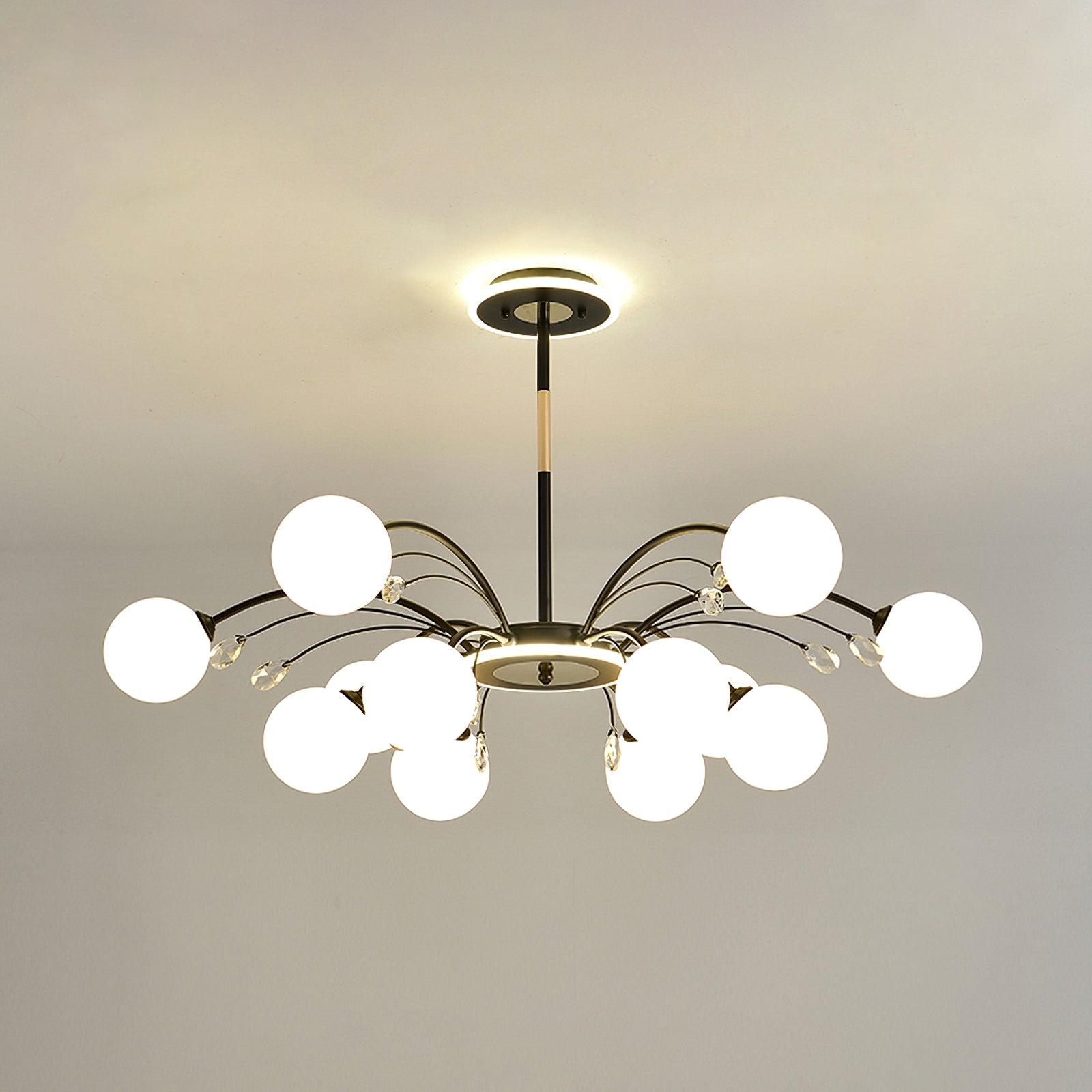 Twelve-light Black version with a denser white-globe arrangement, clear drops and central rod, listed at 100 cm diameter