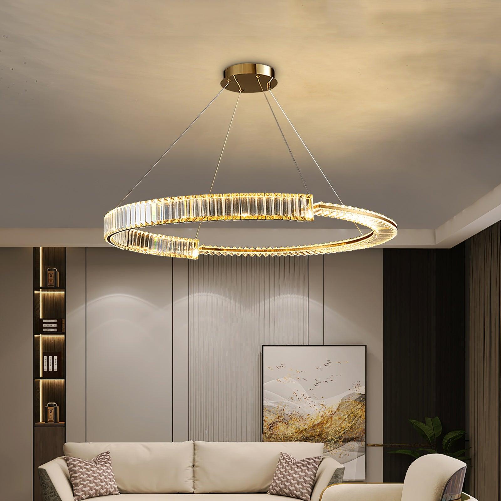 Stella illuminated crystal ring above living-room seating