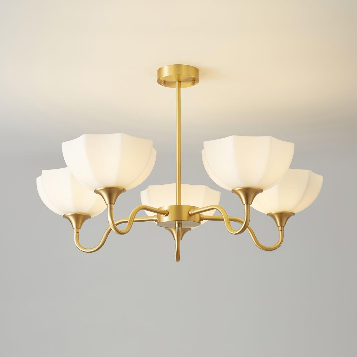 Upward-facing five-bowl chandelier in brass and white