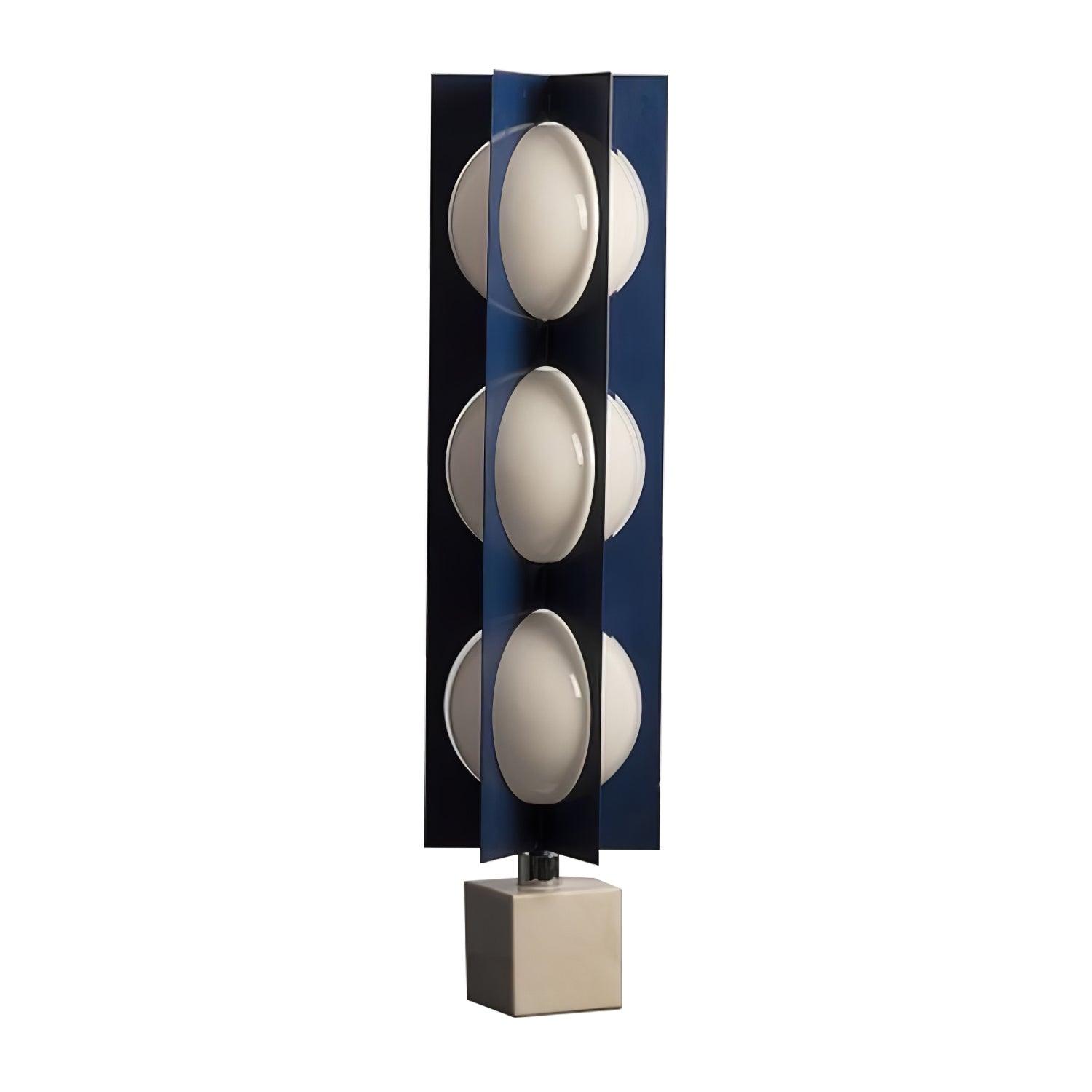 Closer isolated three-level Cascade Tower with white rounded shades, blue fins and a marble block base
