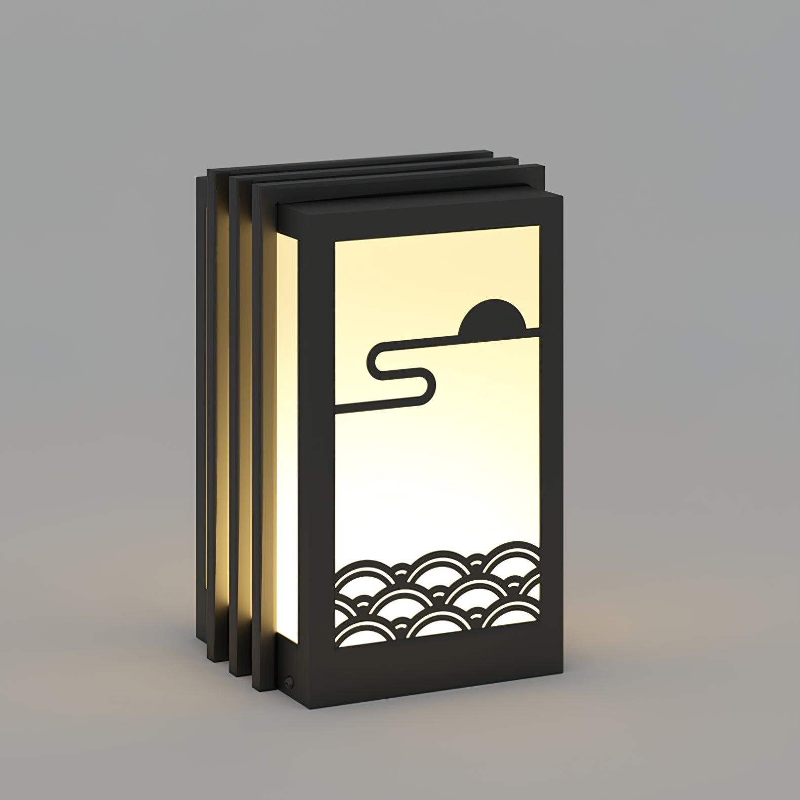 Isolated broad garden lantern with plain top, black frame, pale illuminated panels and sun-and-wave front ornament