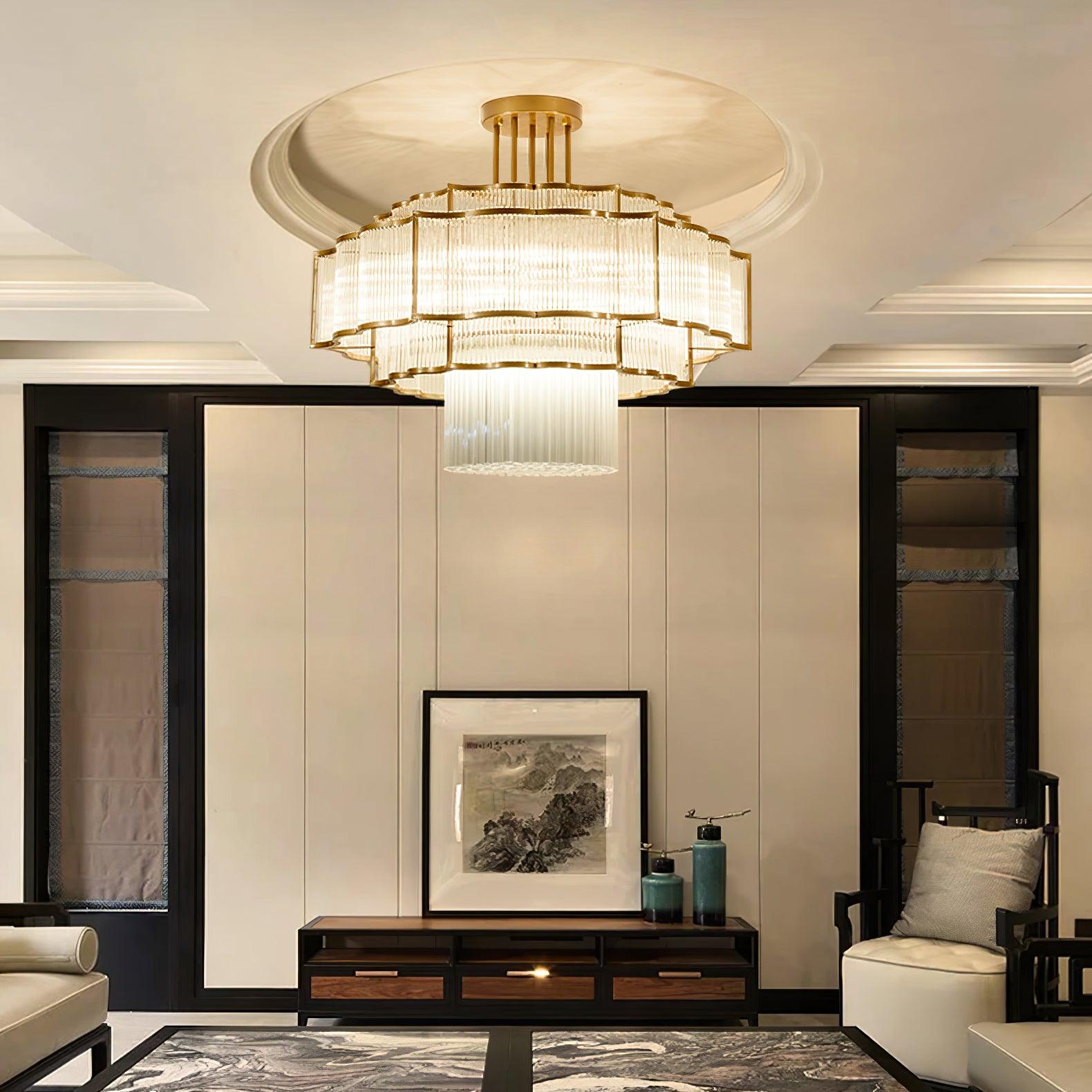 Pharo II tiered chandelier with clear ridged elements and a scalloped metal frame