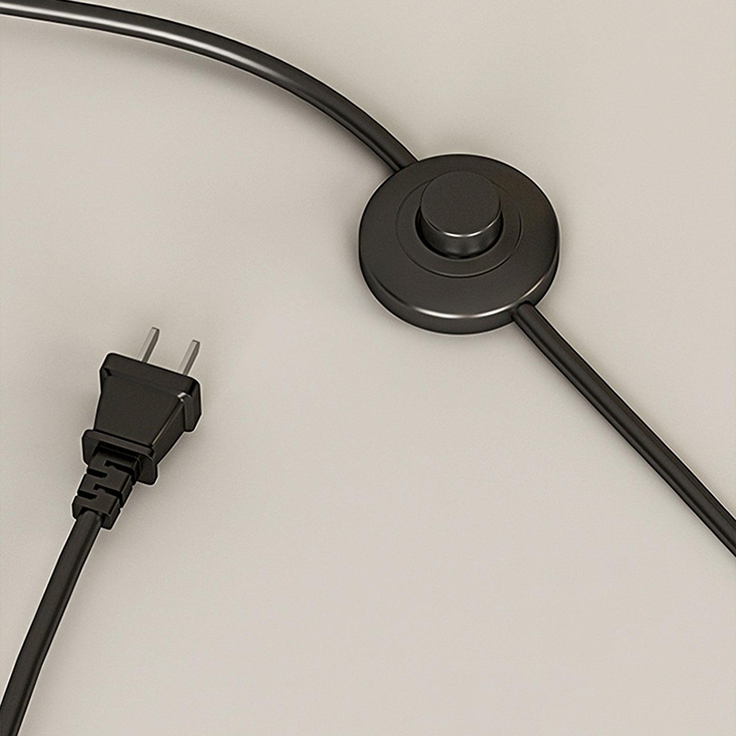 Black cord with a round push-button inline switch and a plug with two flat parallel pins