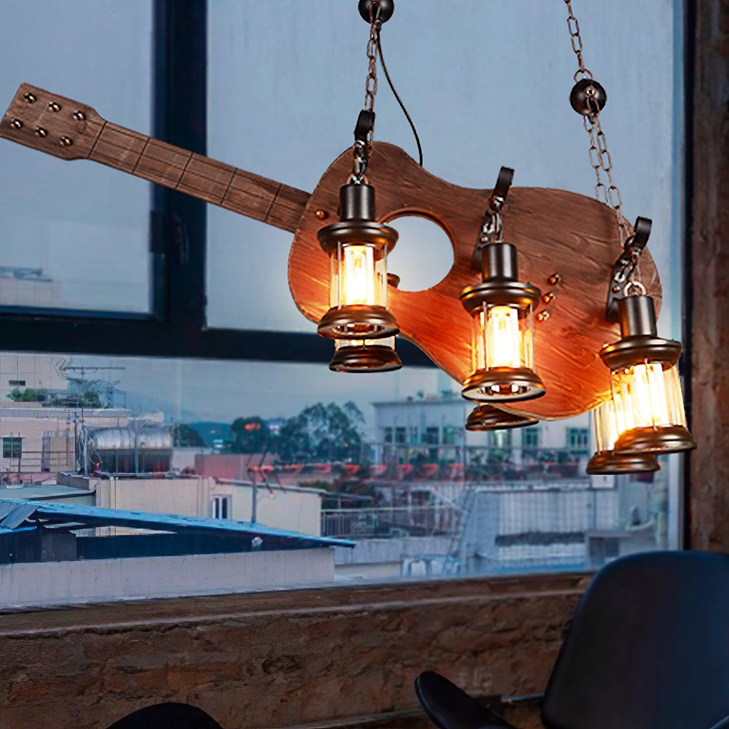 Wooden guitar light beside a large window