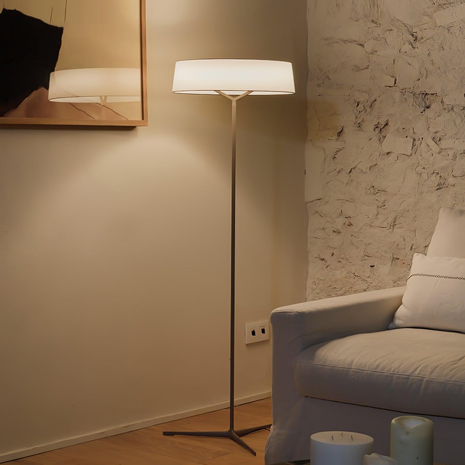 Circular floor lamp beside a Grey sofa