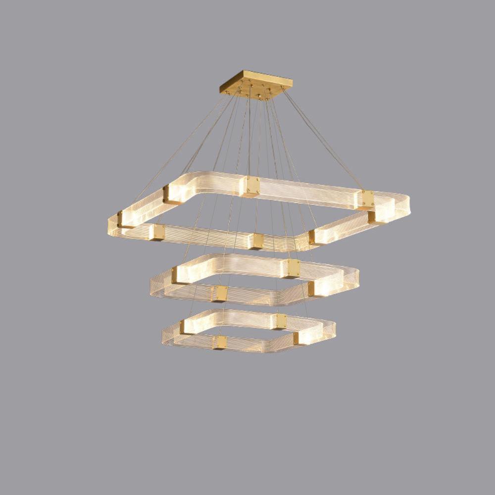 Three-tier square LED chandelier with textured acrylic bands, gold-tone connectors and a square canopy