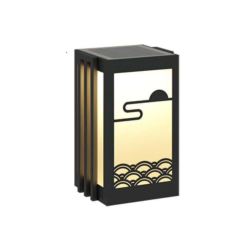 Model B solar lantern in broad 32 x 30 x 52 cm size, showing top solar panel and sun-and-wave front, on white
