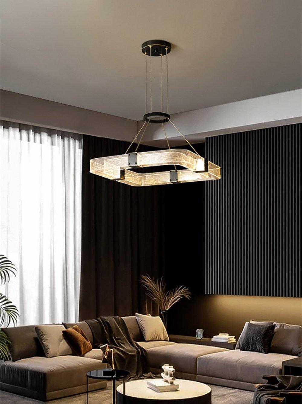 Parallel LED chandelier with textured acrylic bands and gold-tone connectors
