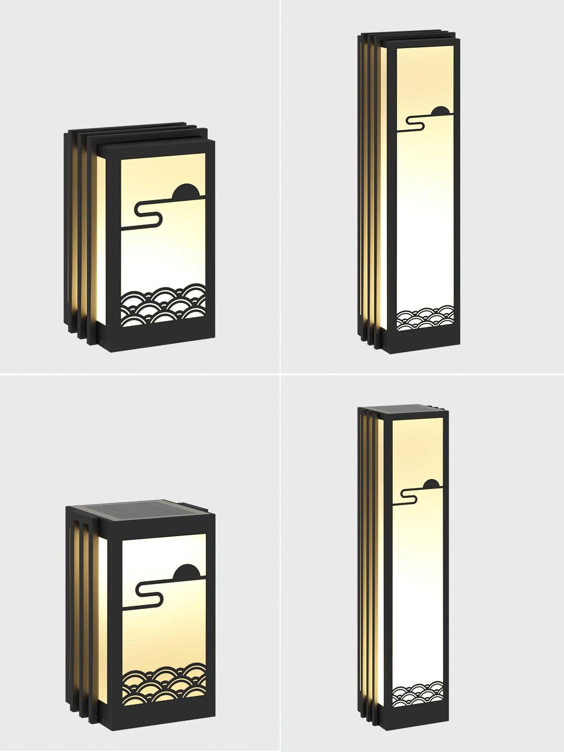 Four-view comparison of broad and slim Sunrise Pattern lanterns, with plain tops or top solar panels