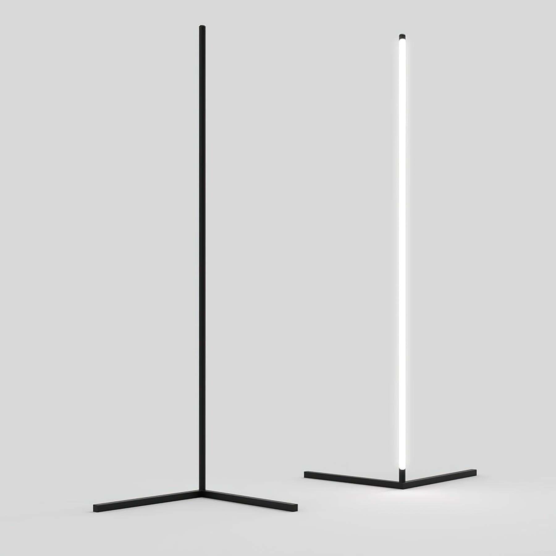 Two isolated views showing the dark rear and pale front diffuser of black lamps with angled feet