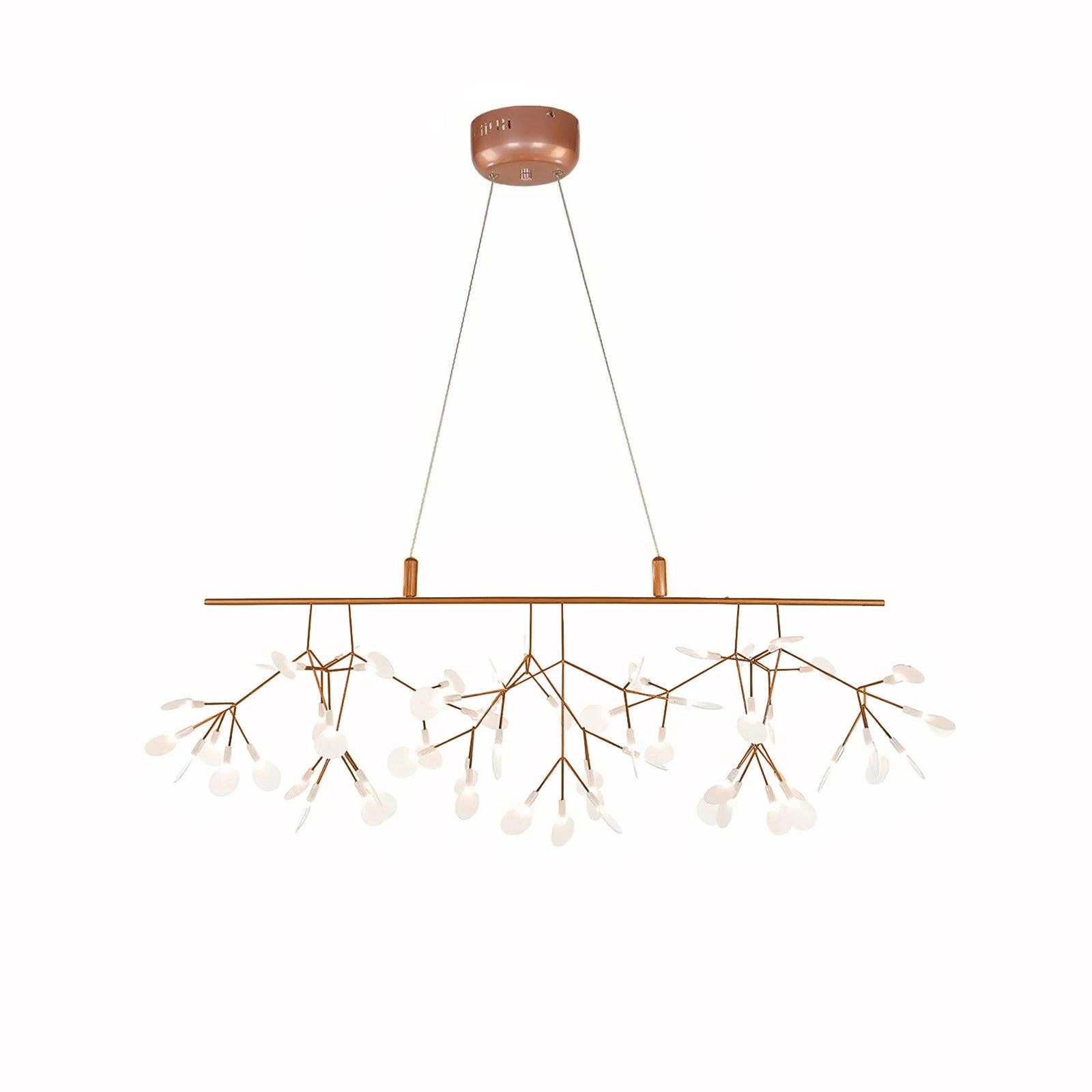 Model B 100 cm Rose Gold Firefly chandelier, with white acrylic petals and two cables converging at one canopy