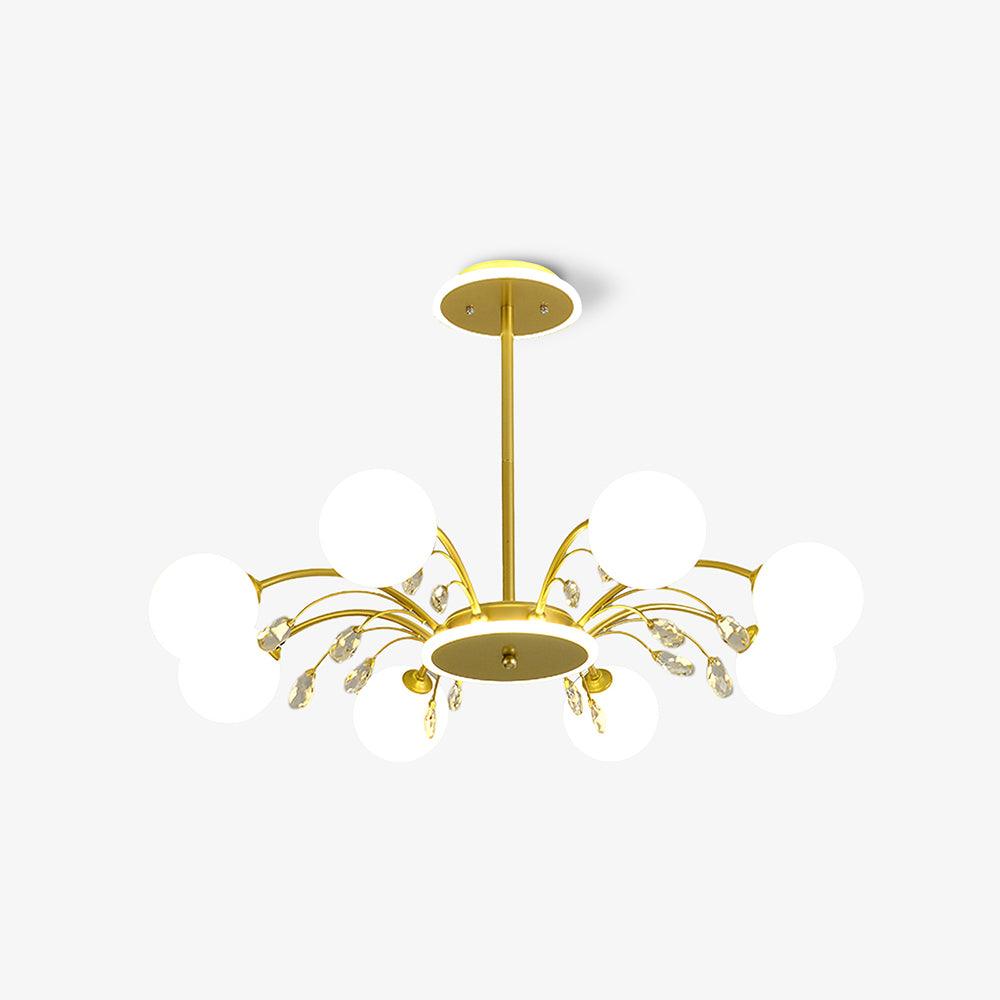 Alternate full Gold globe chandelier isolated on white, with clear drop details, curved arms, central rod and round canopy