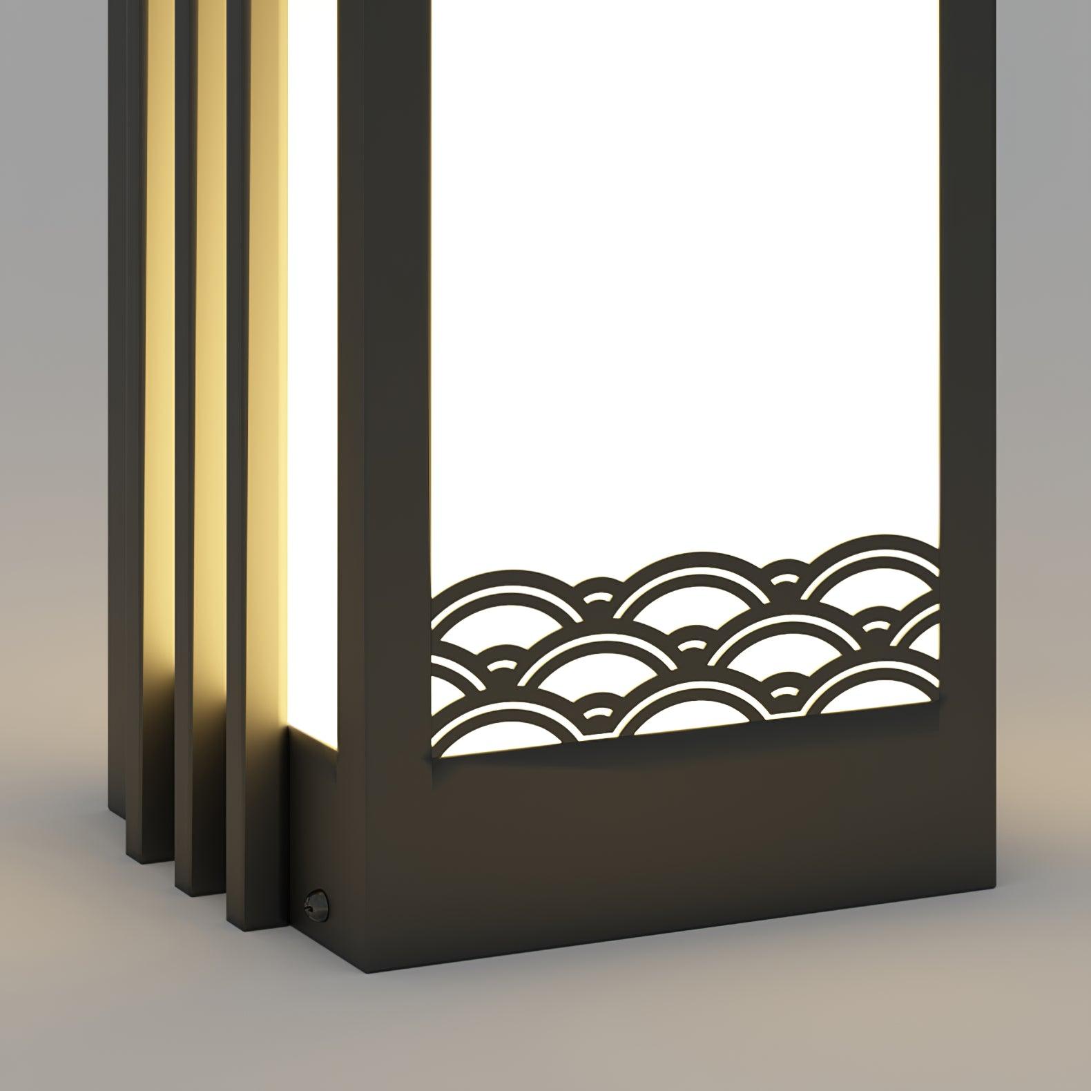 Lower front-panel detail with overlapping wave arcs, black frame, vertical side fins and small fixing screw