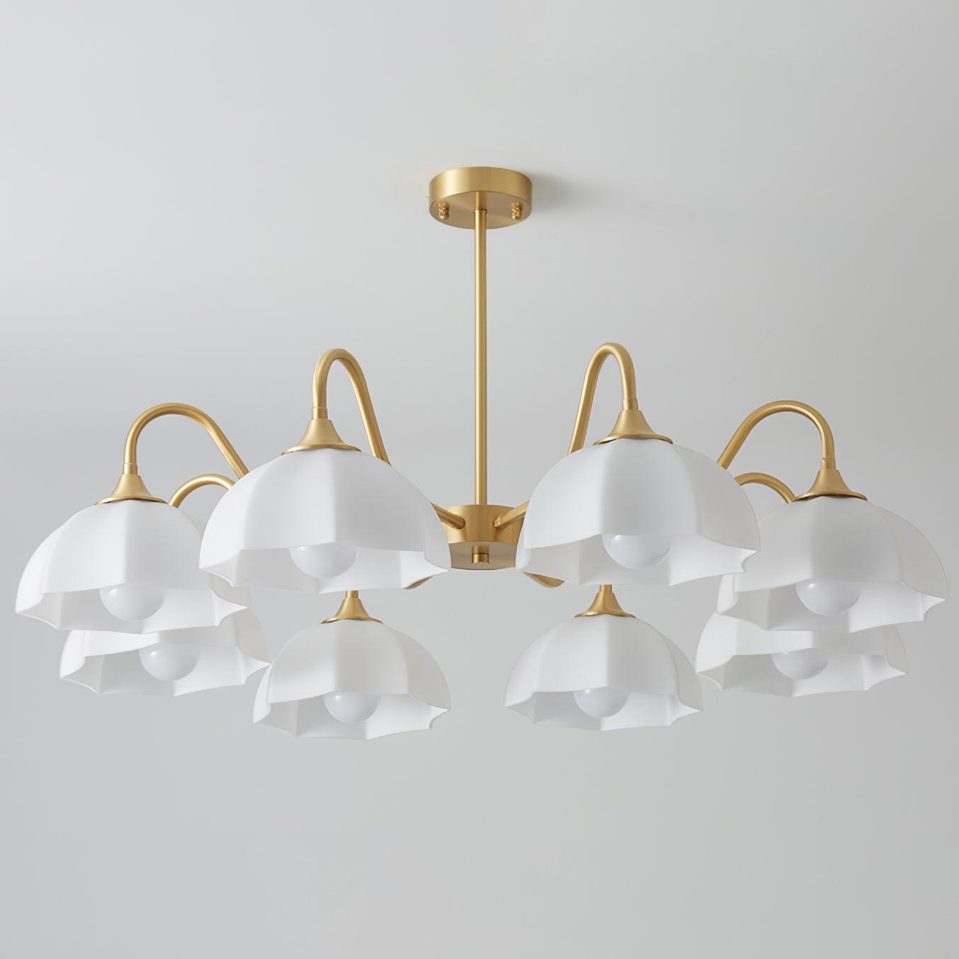 Unlit multi-shade brass chandelier with white glass