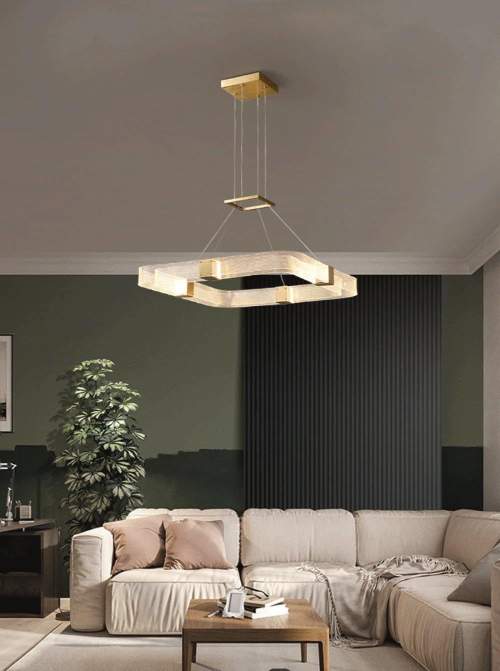 Parallel LED chandelier with textured acrylic bands and gold-tone connectors