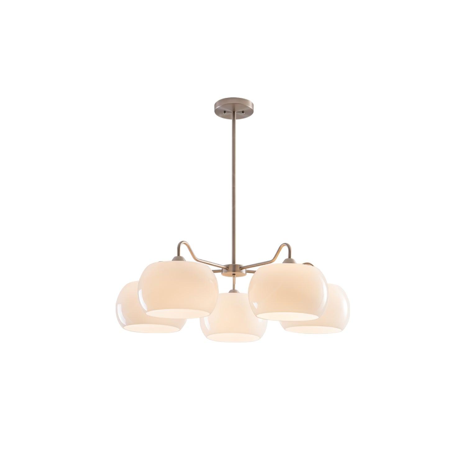 Persimmon chandelier with white glass shades and curved nickel-tone arms
