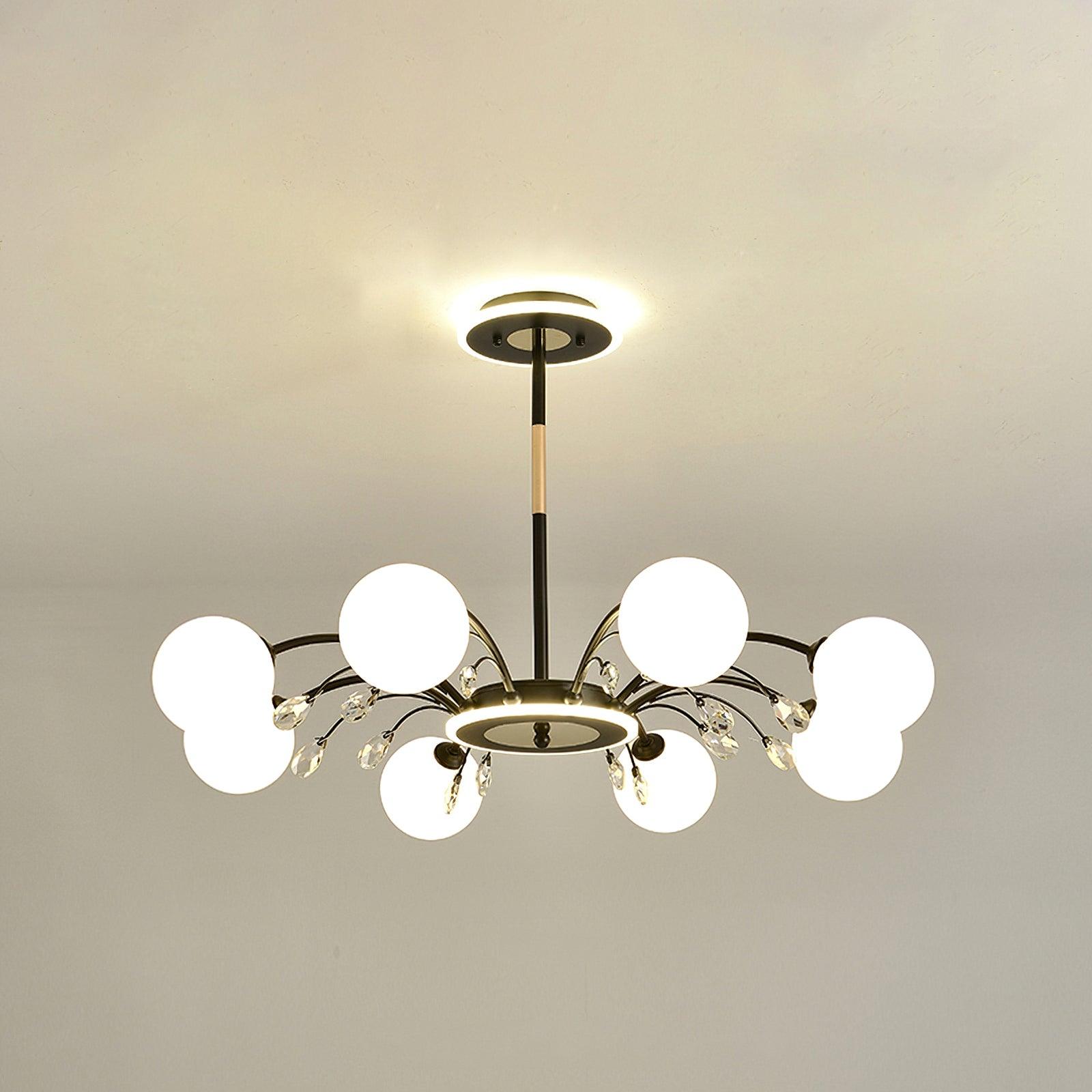 Eight-light Black version with white globes on curved arms, clear drops and central rod, listed at 80 cm diameter