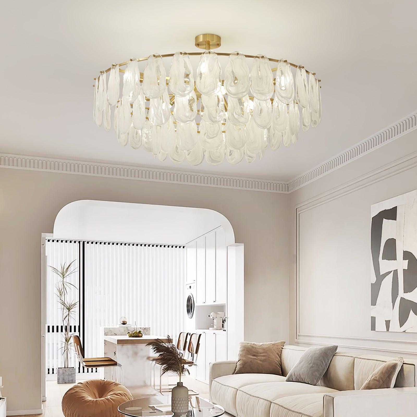Wide Round Cloud pendant near the ceiling in a living room with an arched opening