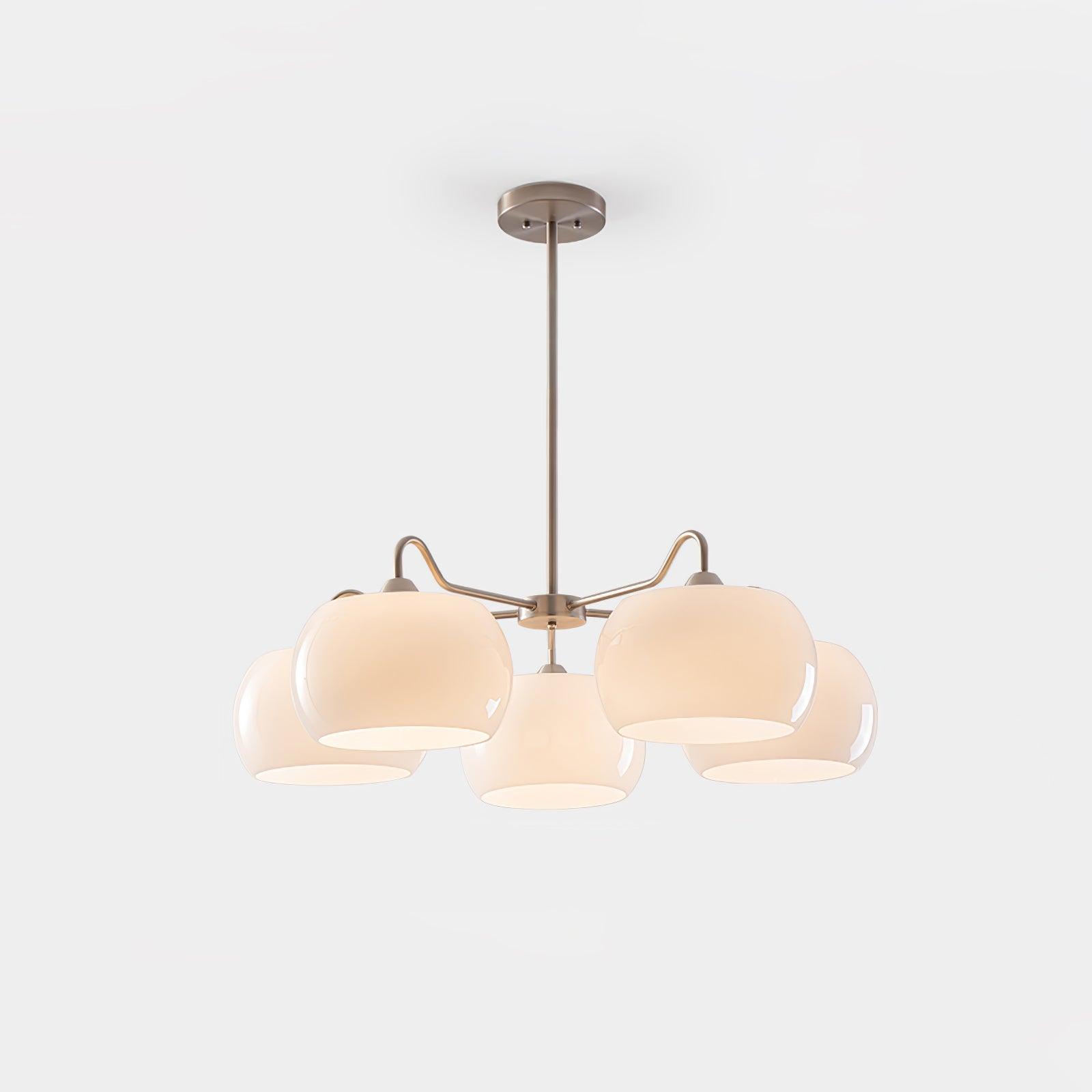 Persimmon chandelier with white glass shades and curved nickel-tone arms