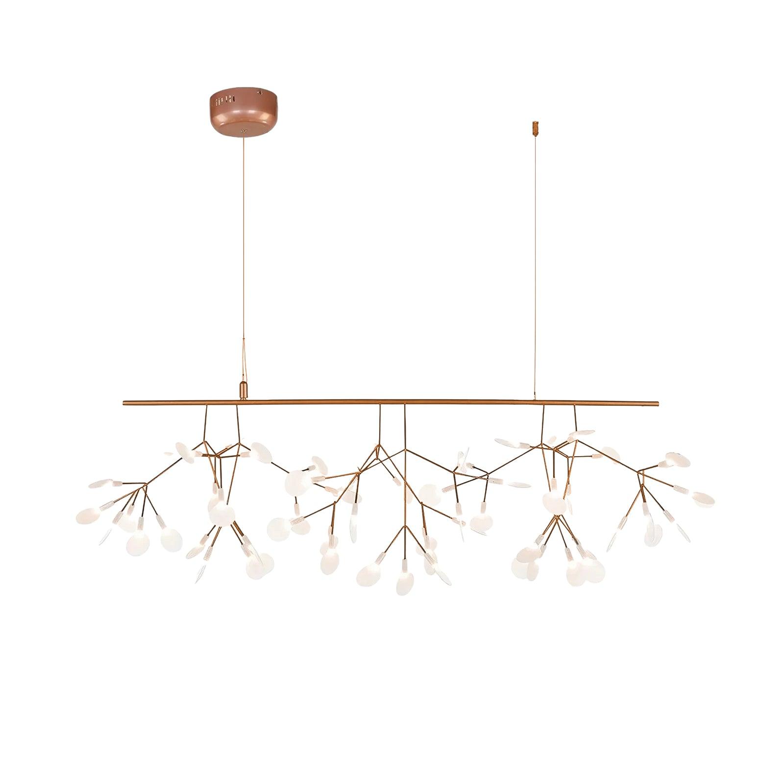 Model A 100 cm Rose Gold Firefly chandelier, with white acrylic petals, round canopy and separate ceiling anchor