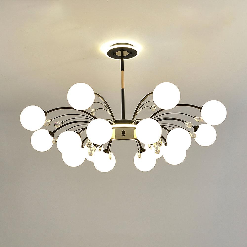 Sixteen-light Black version with dense white globes, curved arms and clear drop details, listed at 100 cm diameter