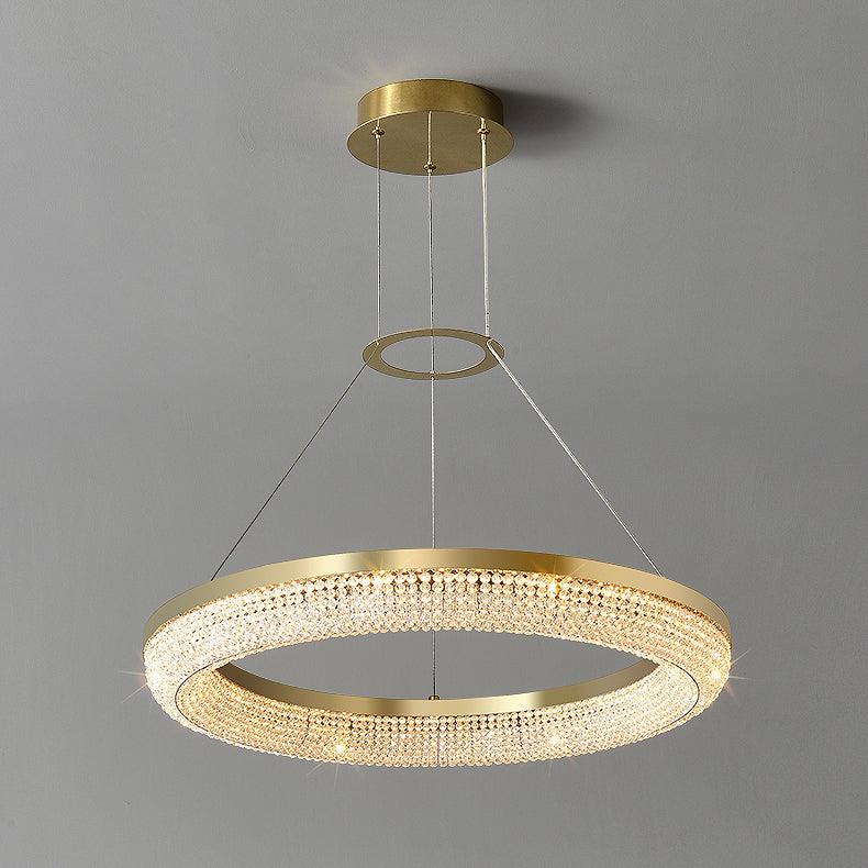 Complete single-ring gold crystal chandelier with round canopy and intermediate support loop