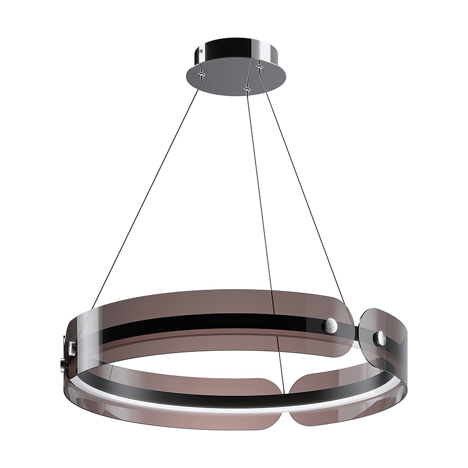 Full isolated view of Javor’s black and coffee ring, curved panels, suspension wires and circular ceiling canopy