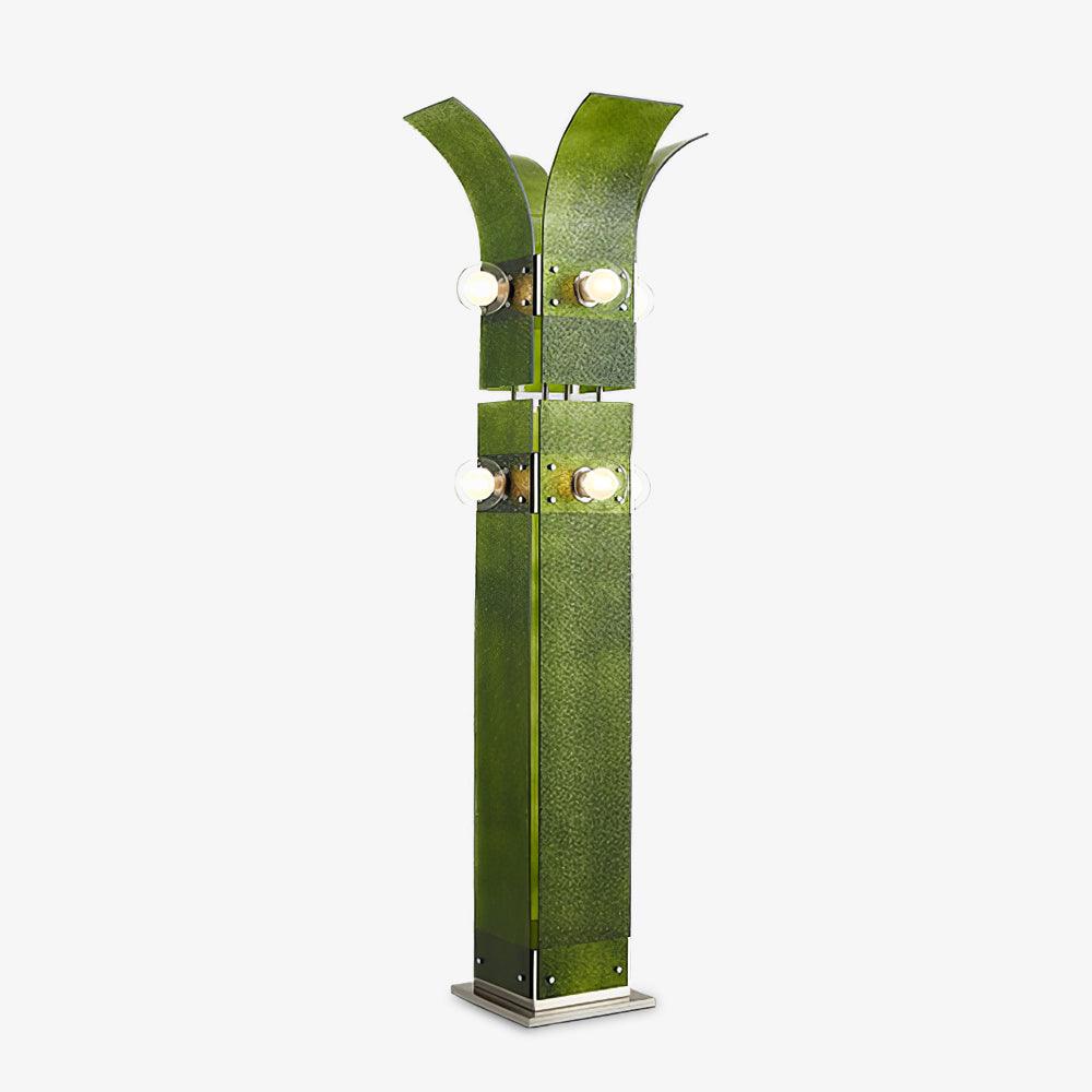 Green palm-shaped floor lamp isolated on white with wide margins, tall textured body, curved crown, round lights and stepped base