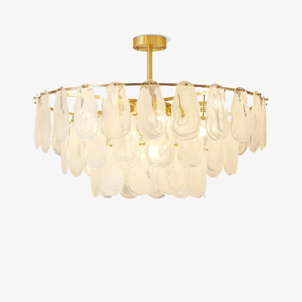 Front view of a wide Round Cloud pendant with a central rod and layered glass against white