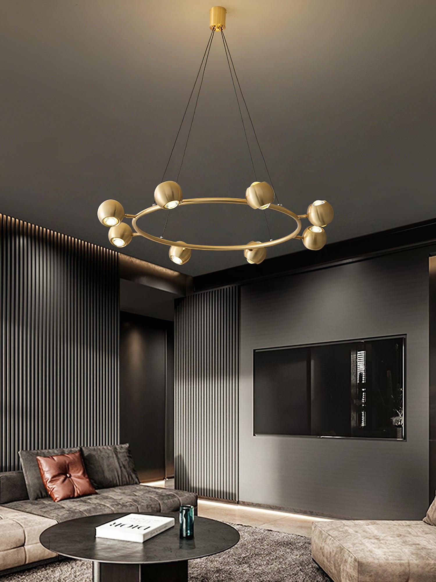 Low view of an eight-head ring in a living room