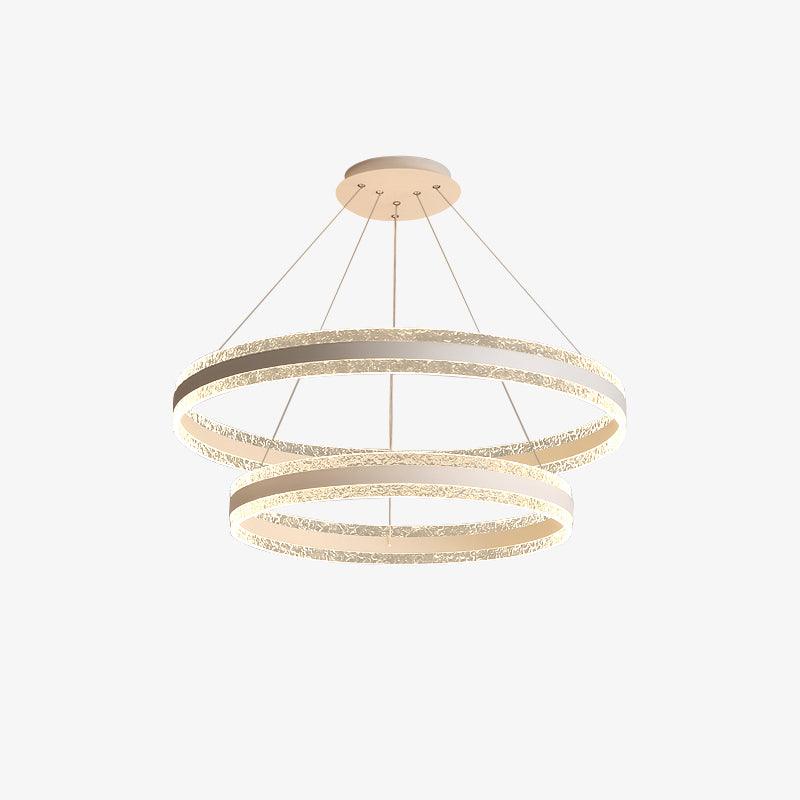 Smaller isolated view of two textured-edge LED rings with pale centre bands, thin wires and round canopy on white