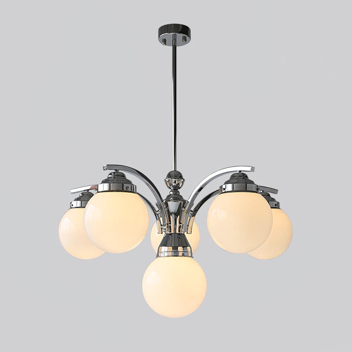 6-light B in Chrome+White, with downward-facing arm globes and a central lower globe