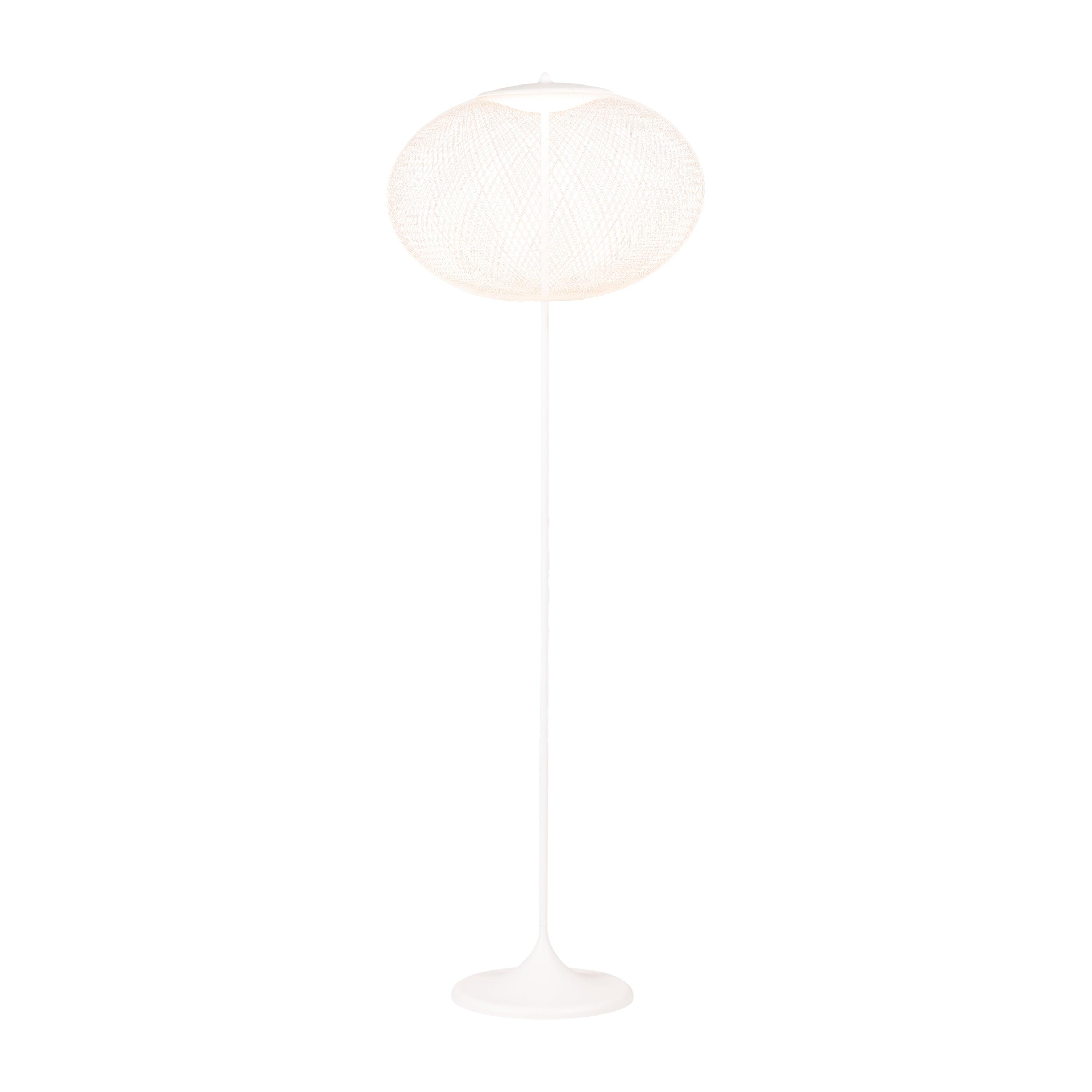White floor lamp on a white background, showing a pale mesh globe, straight stem and flared circular base