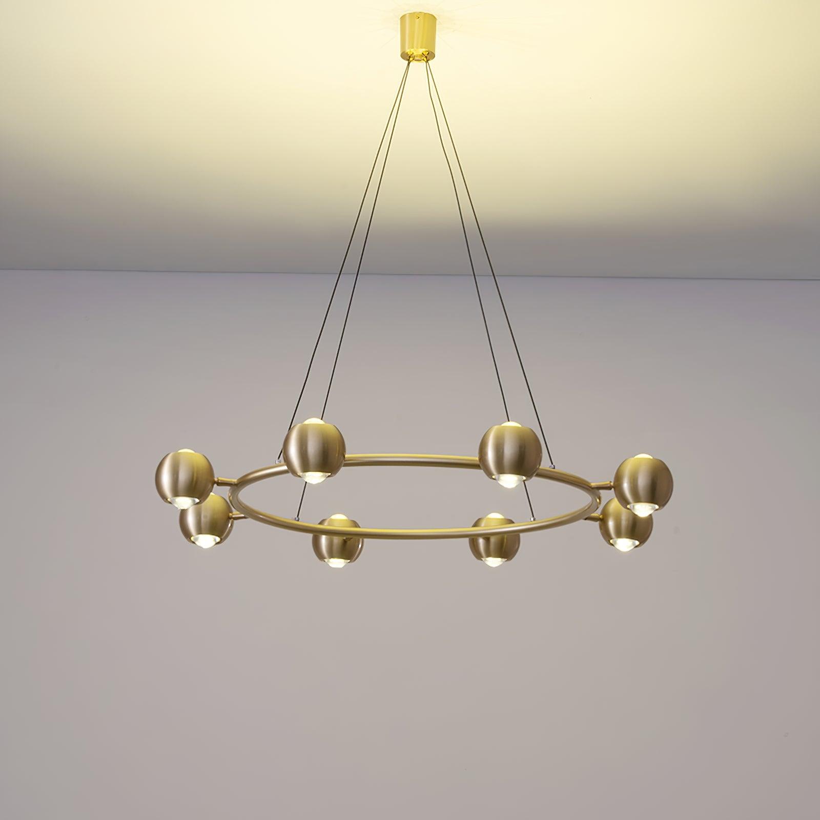 Eight-head brass ring chandelier near the ceiling