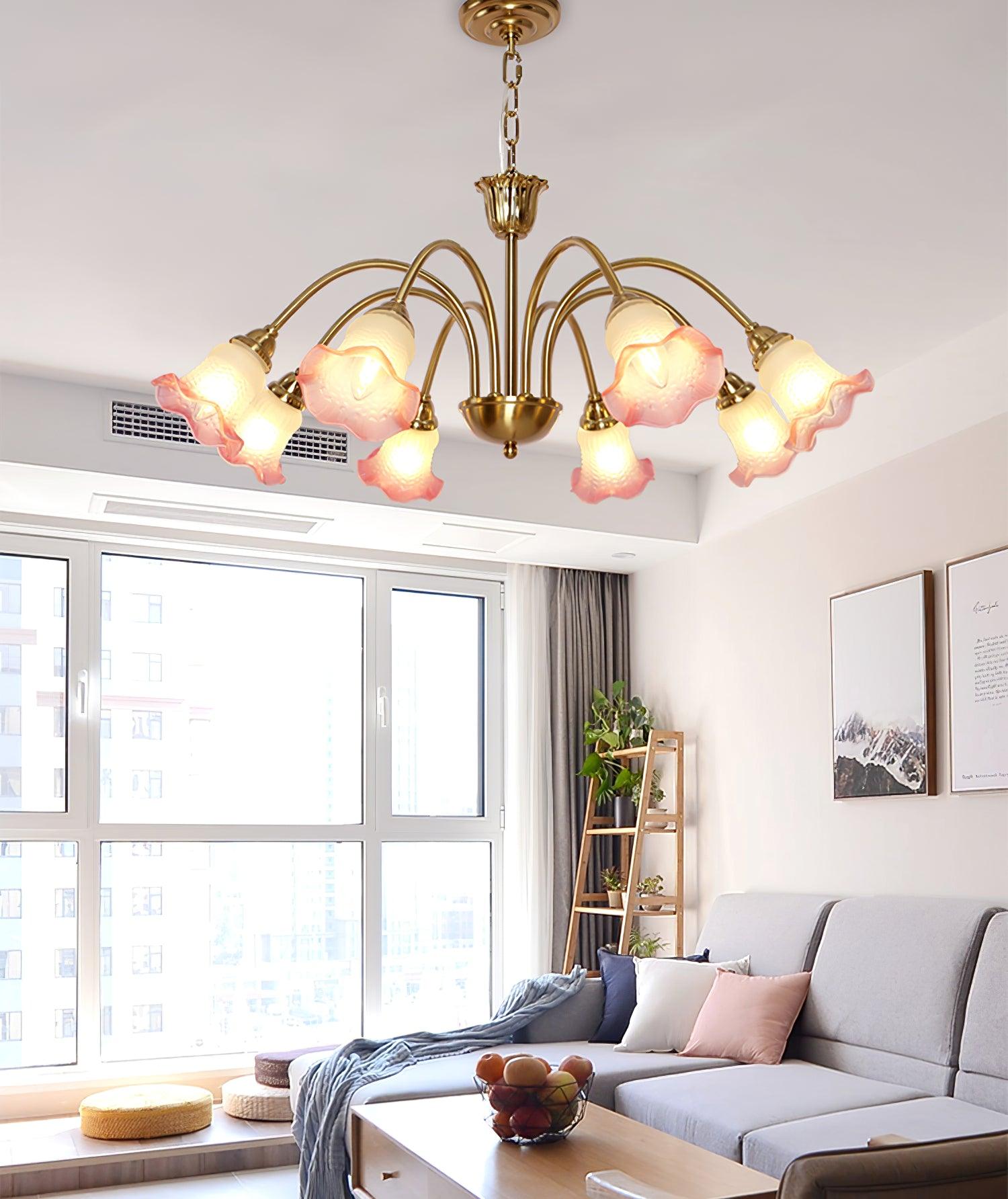 Pink flower shades above a living area