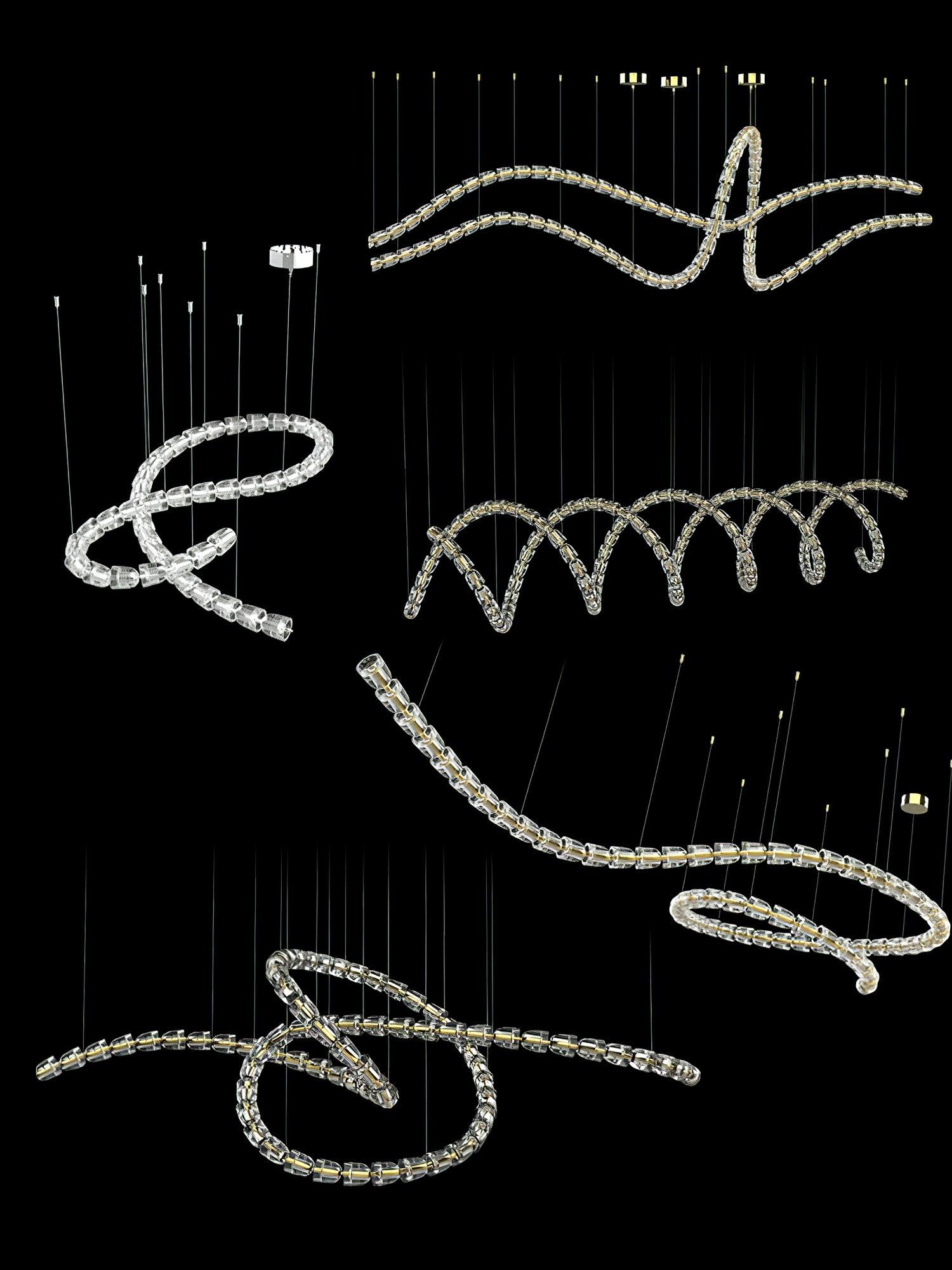 Black-background collage of different segmented lighting layouts, including waves, helix, open loops and crossing curves
