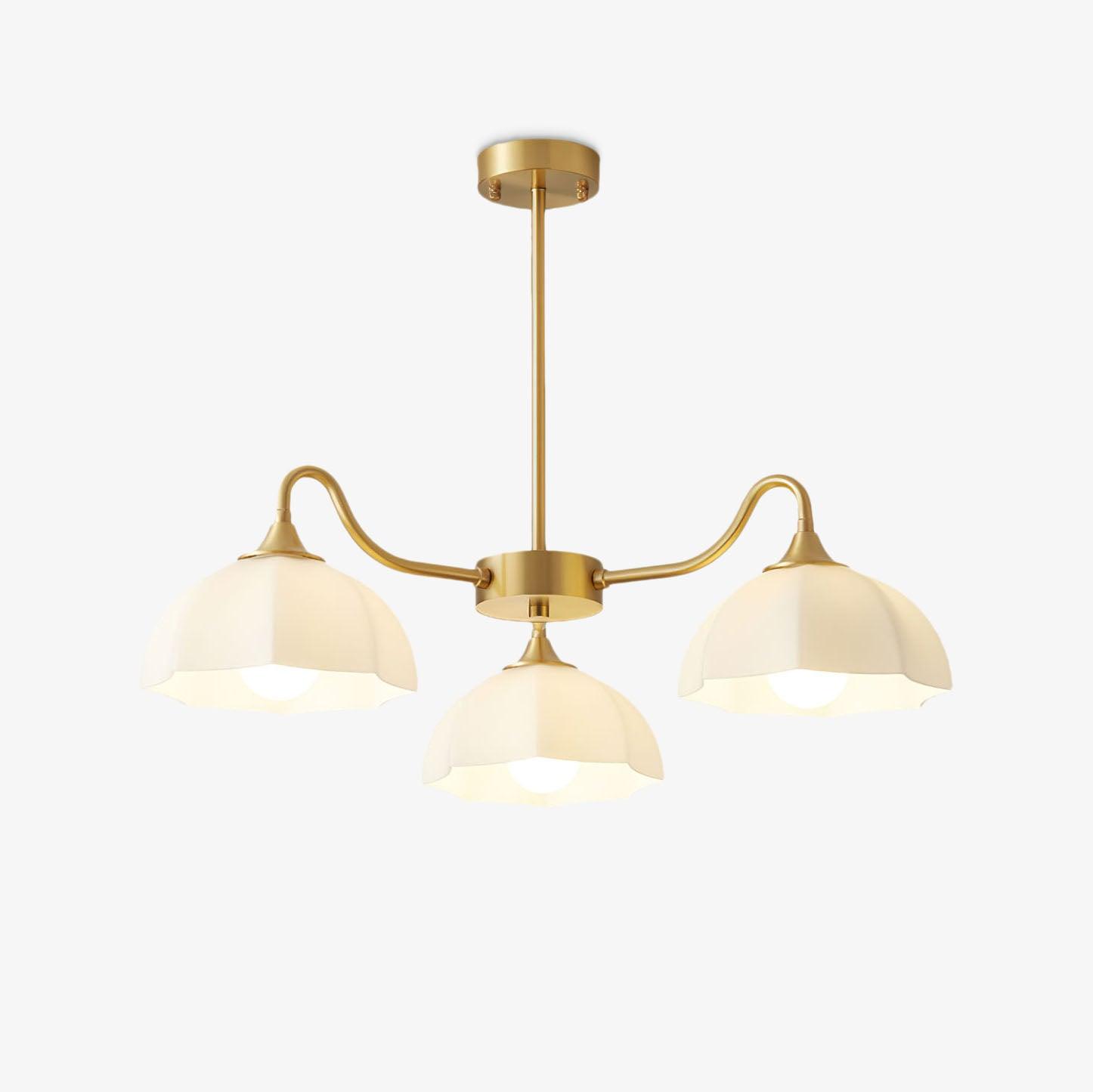 Three-head brass glass chandelier on white background
