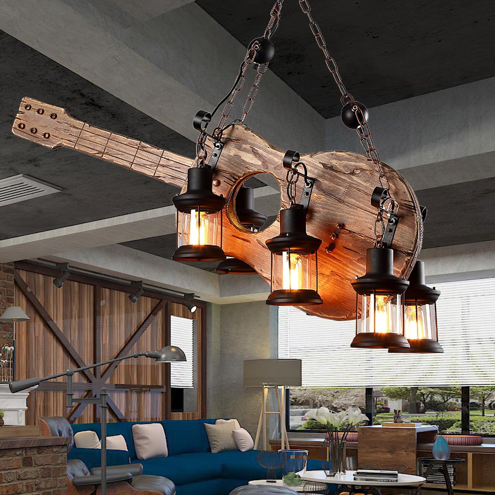 Acoustic-style fixture above an indoor seating area