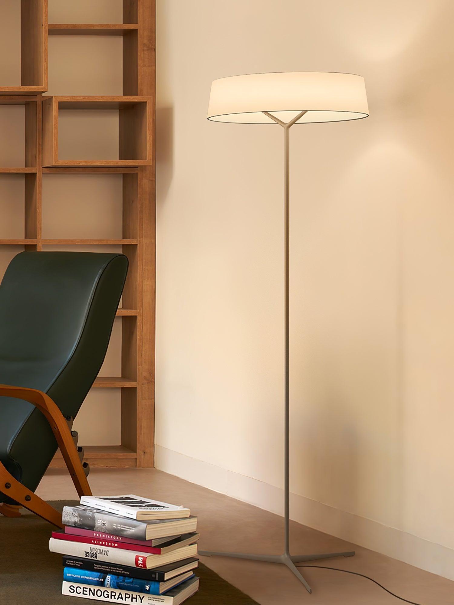 Grey floor lamp beside books and a lounge chair