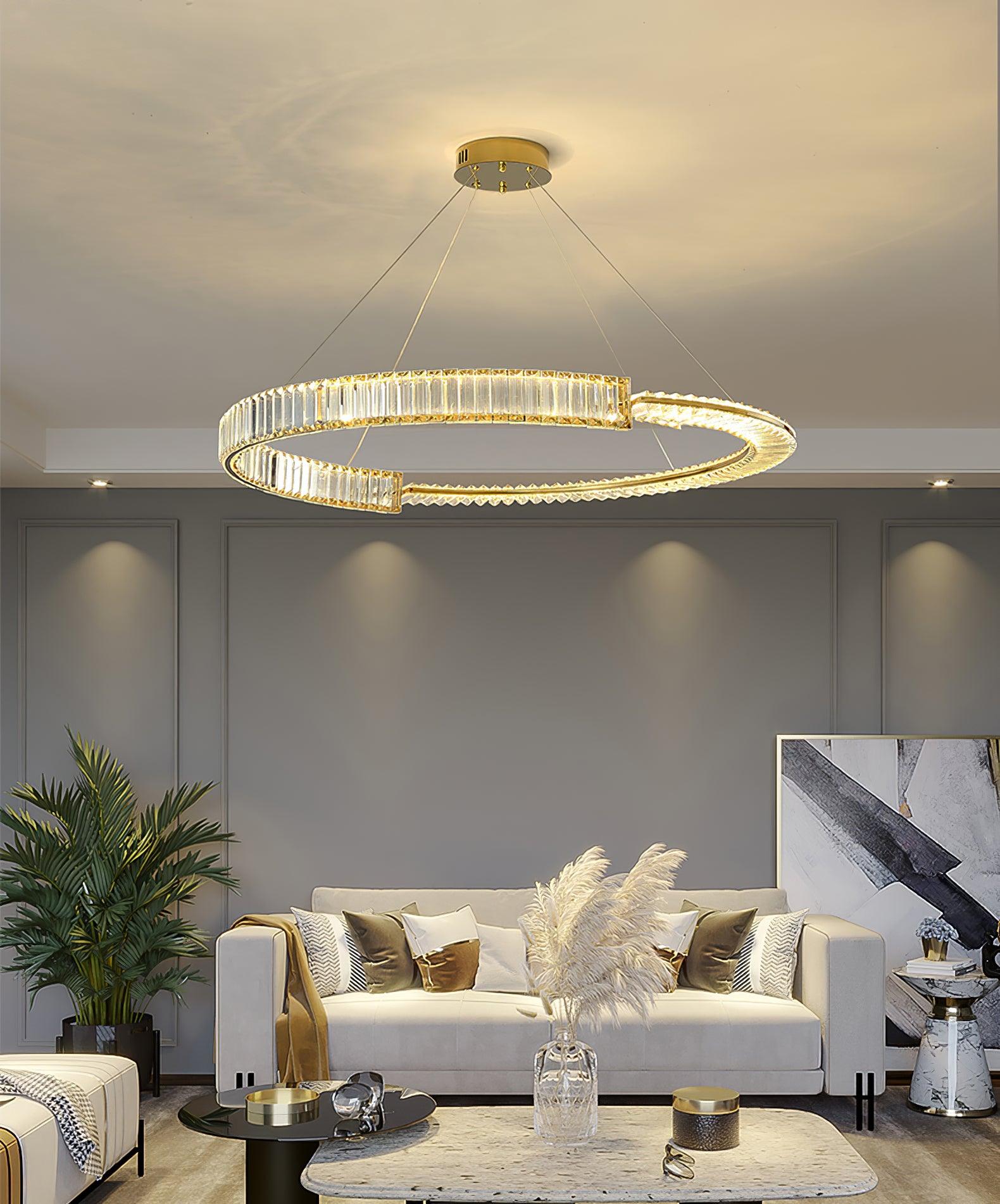 Stella crystal chandelier above a furnished living area