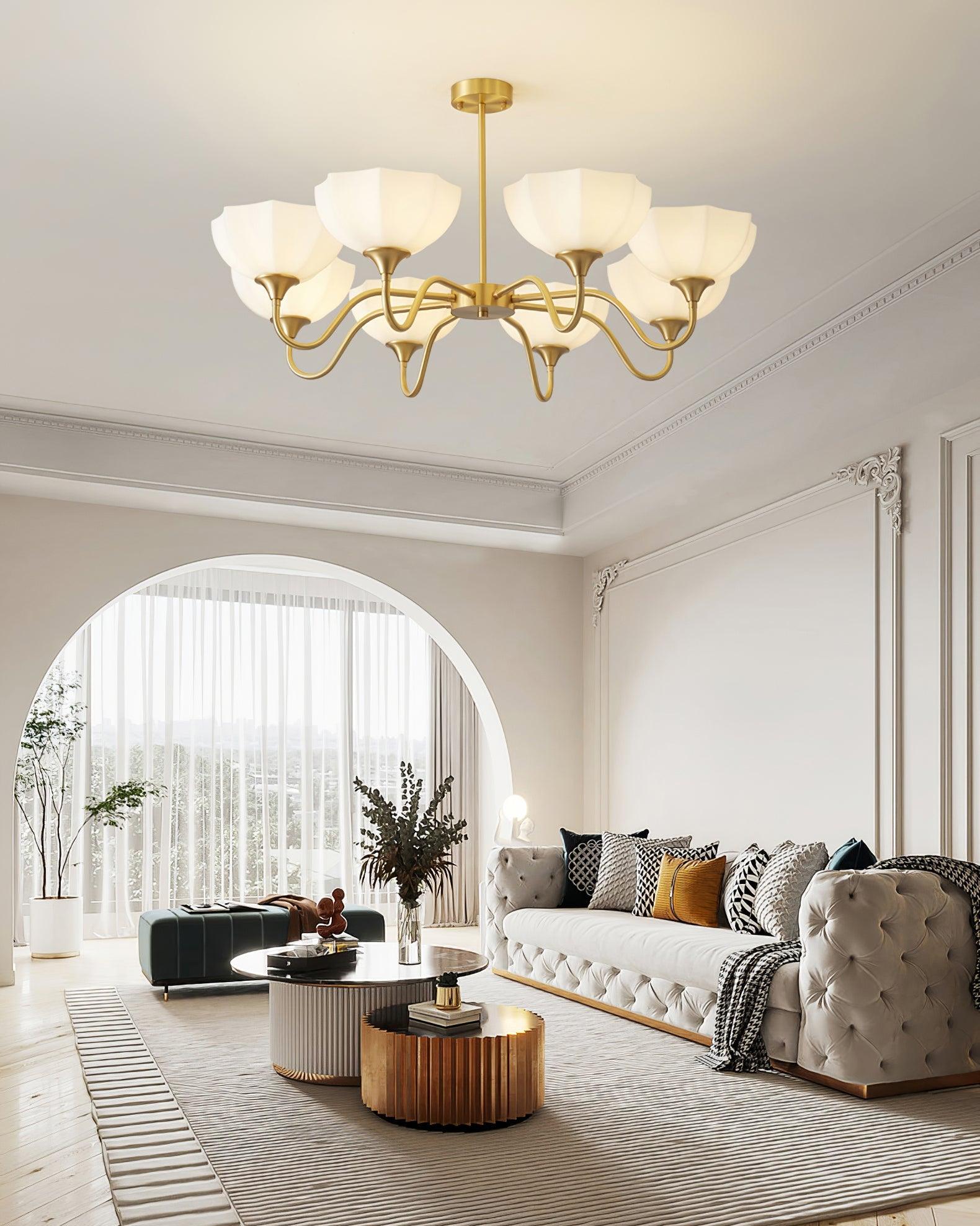 Upward-facing white bowl chandelier in a bright living room