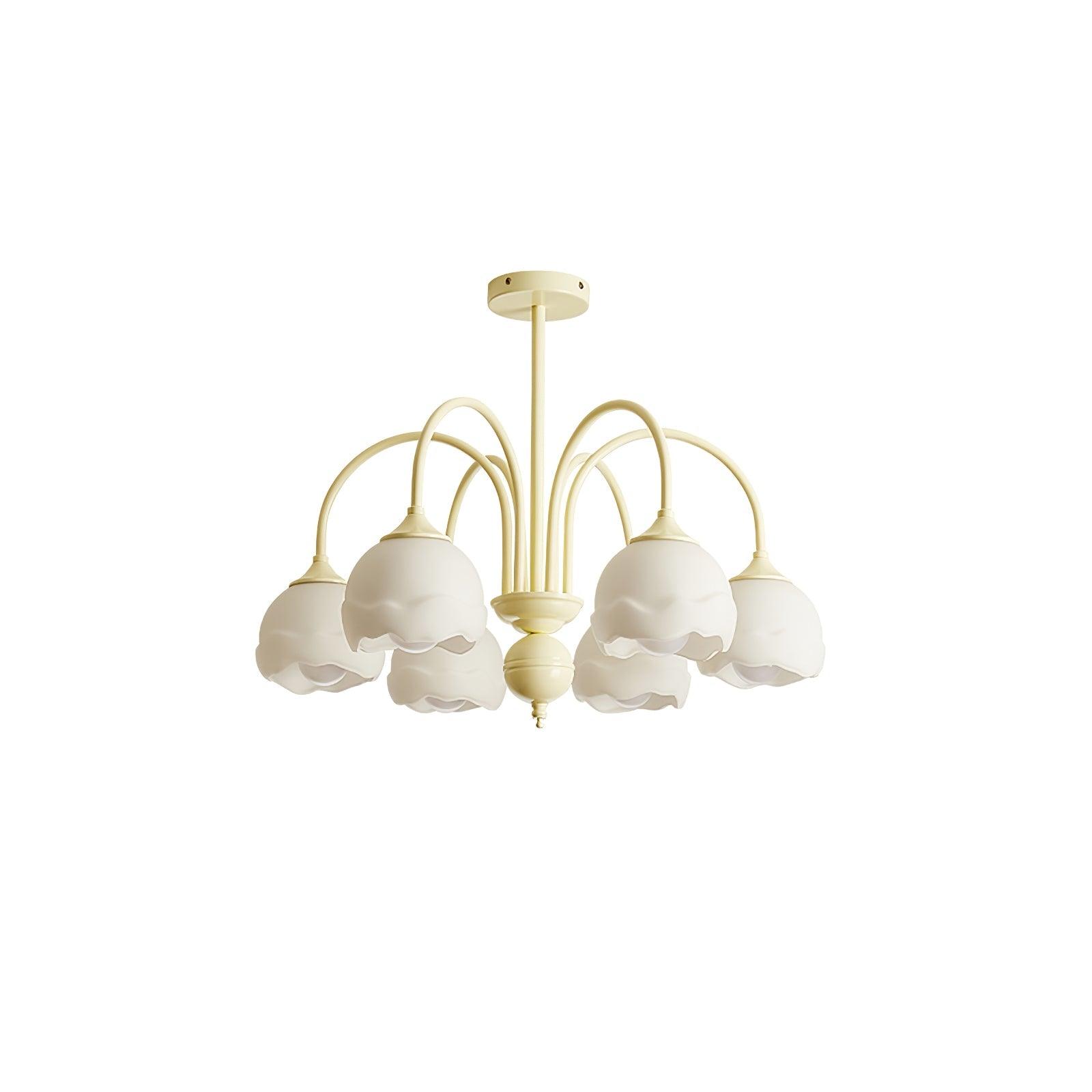 Six-light cream chandelier with curved arms, white scalloped glass shades and a round ceiling canopy