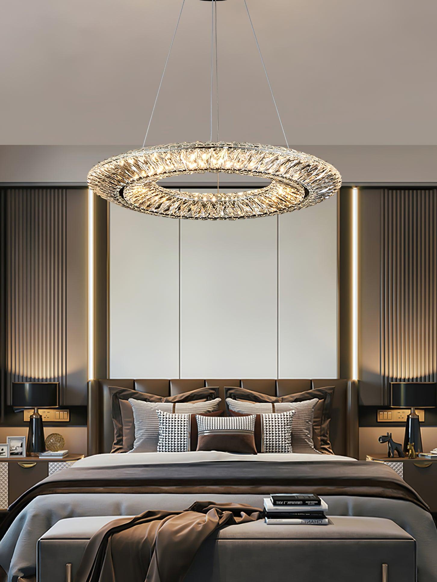 Single-ring chandelier in a bedroom