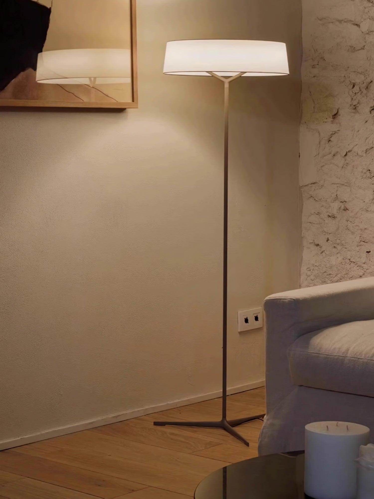 Floor lamp against a textured wall near a mirror