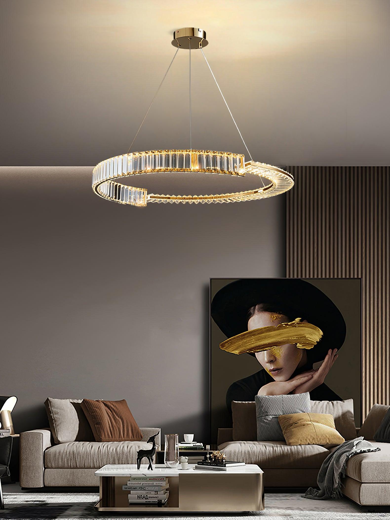 Stella suspended crystal ring above a living-room seating area